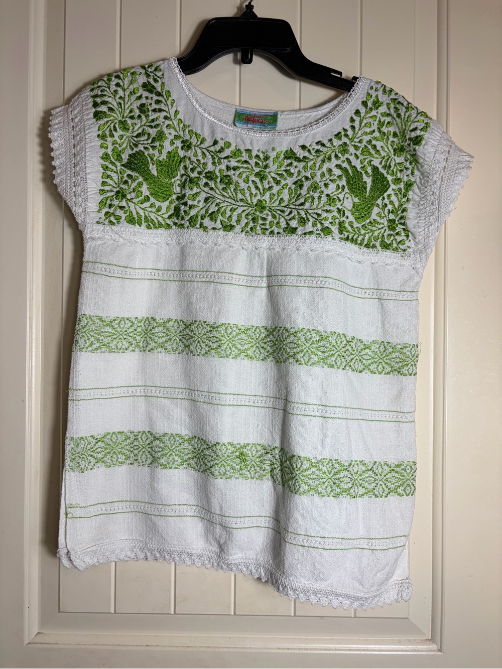 Women’s White Top with Green Embroidered Yoke